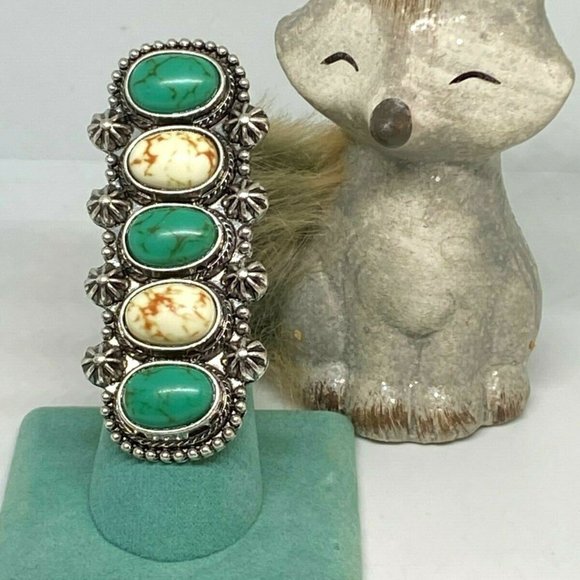 Jewelry - Green Turquoise White Buffalo Silver Ring adjstbl